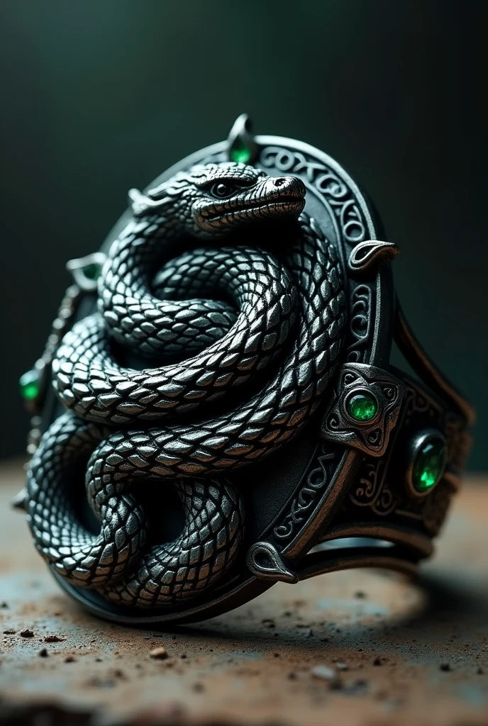 Large black metal ring with Harry Potter theme, the slithering house, with emeralds and finely crafted details