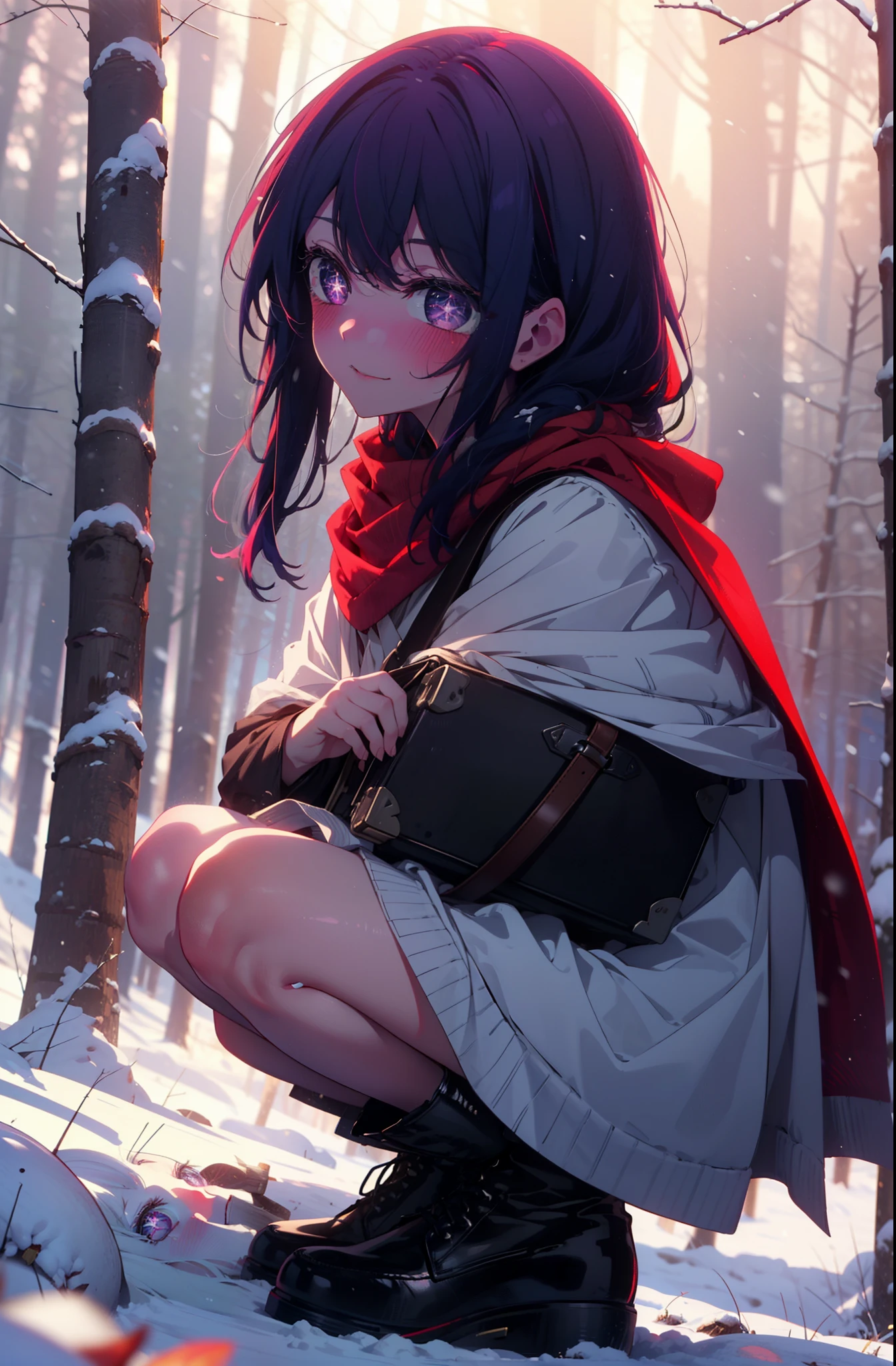 aihoshino, Ai Hoshino, Long Hair, bangs, (Purple eyes:1.1), Purple Hair, (Symbol-shaped pupil:1.5), smile,,smile,blush,white breath,
Open your mouth,snow,Ground bonfire, Outdoor, boots, snowing, From the side, wood, suitcase, Cape, Blurred, , forest, White handbag, nature,  Squat, Mouth closed, Cape, winter, Written boundary depth, Black shoes, red Cape break looking at viewer, Upper Body, whole body, break Outdoor, forest, nature, break (masterpiece:1.2), Highest quality, High resolution, unity 8k wallpaper, (shape:0.8), (Beautiful and beautiful eyes:1.6), Highly detailed face, Perfect lighting, Extremely detailed CG, (Perfect hands, Perfect ),