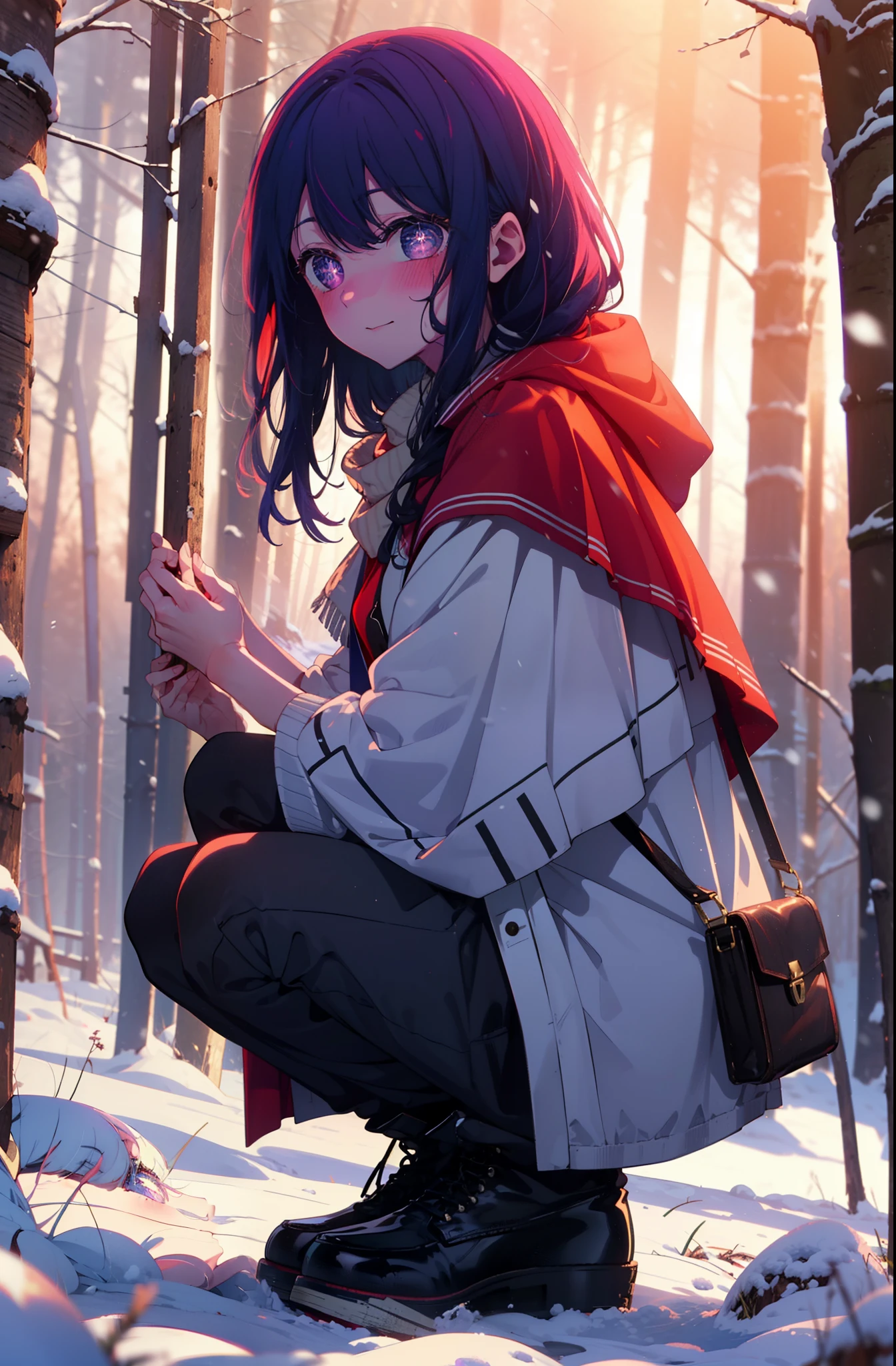 aihoshino, Ai Hoshino, Long Hair, bangs, (Purple eyes:1.1), Purple Hair, (Symbol-shaped pupil:1.5), smile,,smile,blush,white breath,
Open your mouth,snow,Ground bonfire, Outdoor, boots, snowing, From the side, wood, suitcase, Cape, Blurred, , forest, White handbag, nature, Squat, Mouth closed, Cape, winter, Written boundary depth, Black shoes, red Cape break looking at viewer, Upper Body, whole body, break Outdoor, forest, nature, break (masterpiece:1.2), Highest quality, High resolution, unity 8k wallpaper, (shape:0.8), (Beautiful and beautiful eyes:1.6), Highly detailed face, Perfect lighting, Extremely detailed CG, (Perfect hands, Perfect Anatomy),