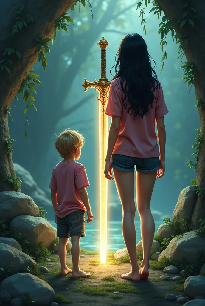 Make a woman with a beautiful back, long loose hair with black bangs, short pink blouse and shorts, with her 3 year old son, blond, with slightly voluminous hair, are standing with their backs turned looking at a sword stuck in a stone on the ground.