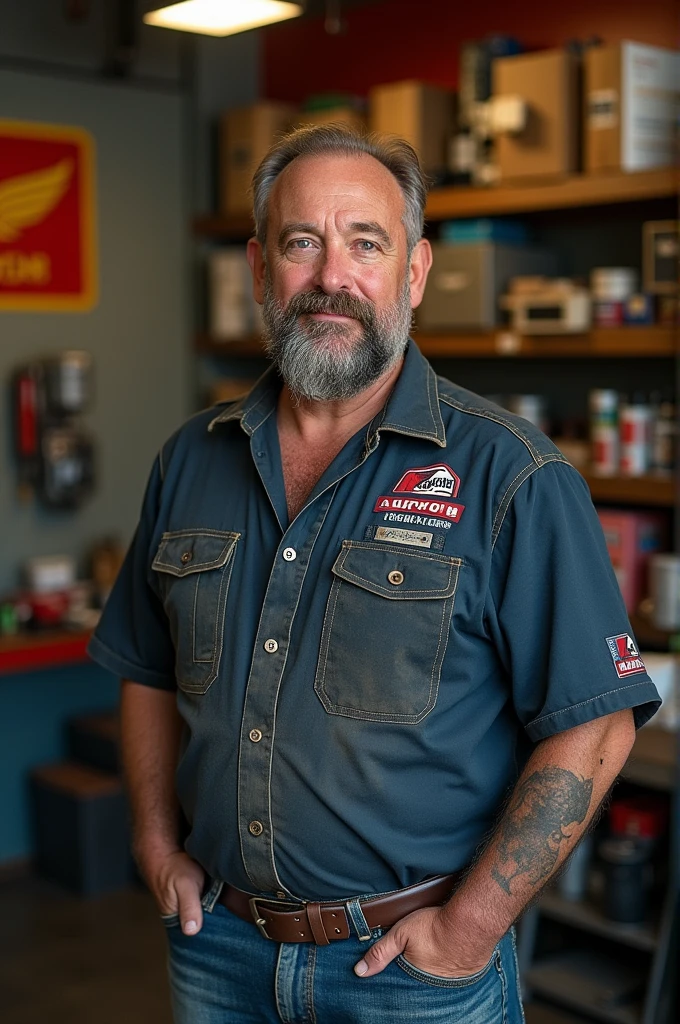 Give me a picture of a mechanic posing for a photo wearing the Aurora Moto Parts motorcycle parts store uniform. 