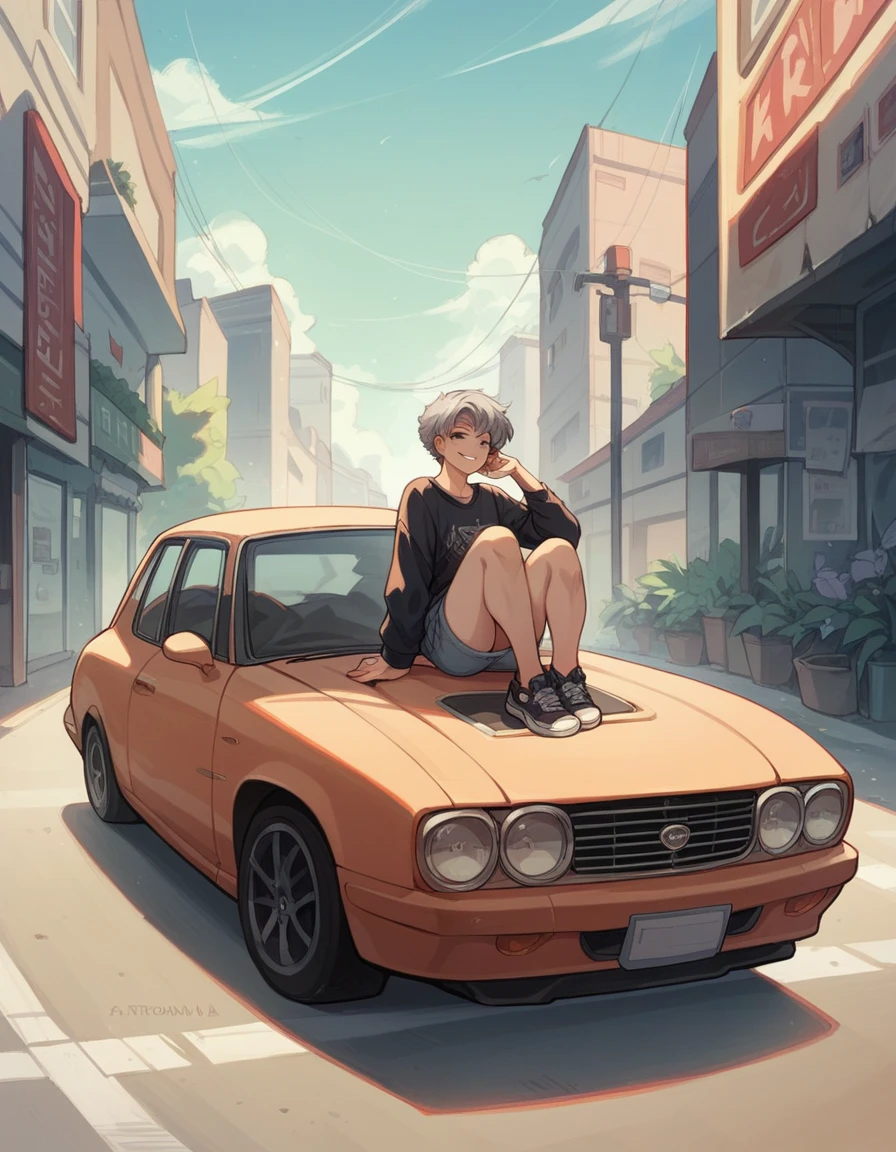 adult girl, gray hair, smiling, short hair, full body, car