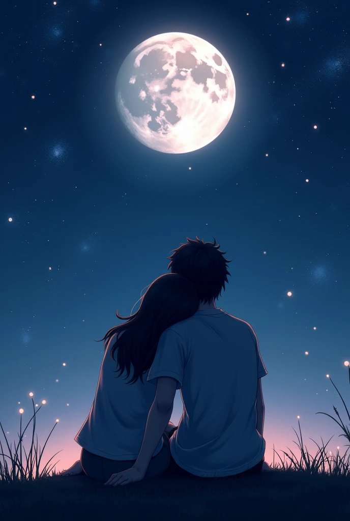 There are two lovers in the starry and full moon sky, the girl is leaning her head on the boy's shoulder and they are watching the sky together.