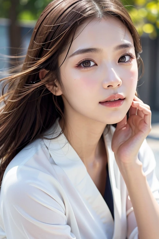With the alleys of Kyoto in the background、18-year-old girl、independent、look forward to、Light eye makeup、Brown Hair Color、flat 、Hair blowing in the wind、Quality of actress、Shiny, Ultra-realistic faces、smileの表情、Watery eye、look up、Pleasant lighting effects、 Ultra-Realistic Capture、Very detailed、High resolution 16K human skin closeup。Skin texture must be natural、Must be so detailed that pores are visible、skin is healthy、There must be a unified tone、Use natural light and colour、High quality photos taken by modeling agencies&#39;Exclusive photographer、smile
