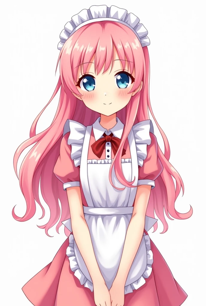 Anime girl with embarrassed face sitting facing forward with long pink hair with a big bow and light blue dress showing her legs open at 45 degrees with blue flat shoes with a bow