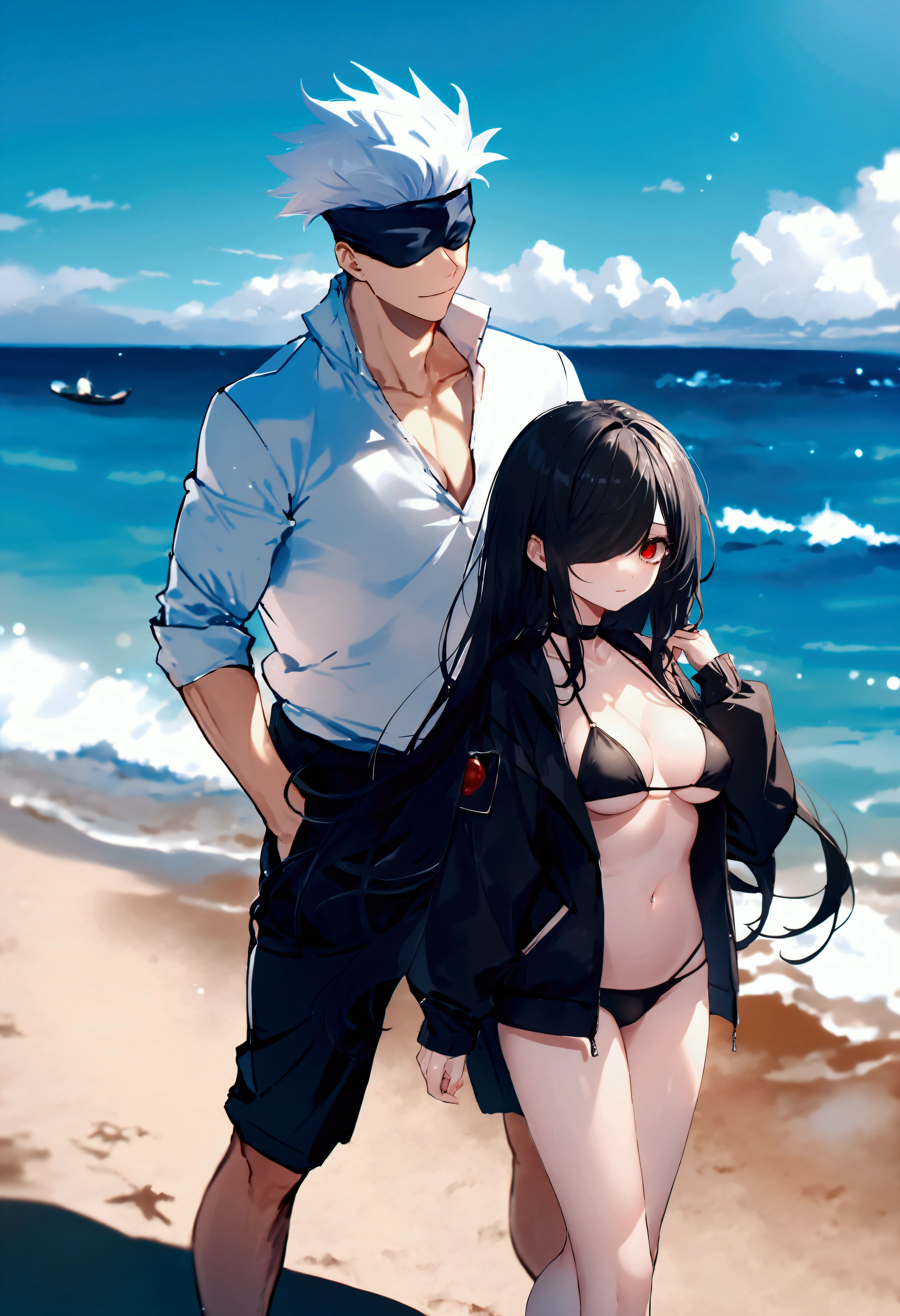 a beautiful woman together with a handsome man, couple, love, sensual, sexy, (beautiful girl, empty eyes, red eyes, straight hair, very long hair, hair over right eye, hair over one eye, black hair, big breasts, short, shy, black bikini), (handsome boy, Jujutsu Kaisen, Gojou Satoru, white hair, black blindfold, covered eyes, smile, white shirt), beach, summer, 8k, UHD, best quality, accurate, masterpiece, anatomically correct