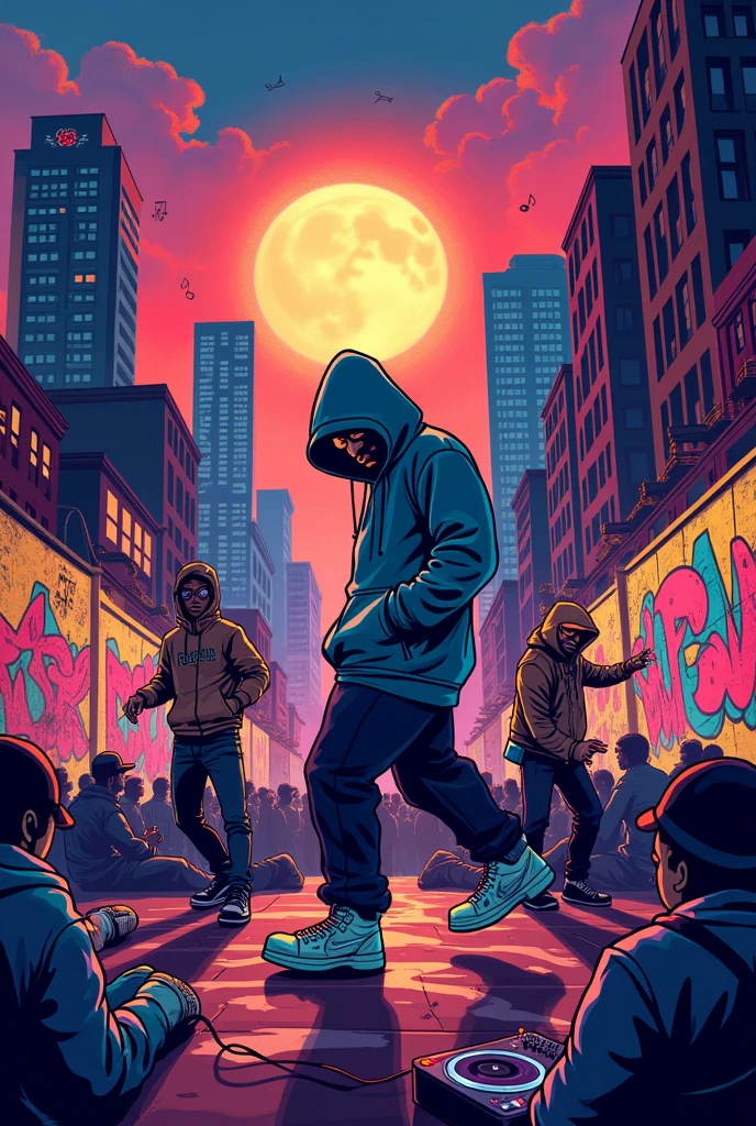 a poster for an event . Where there are elements of hip-hop and its culture, with cartoon characters
