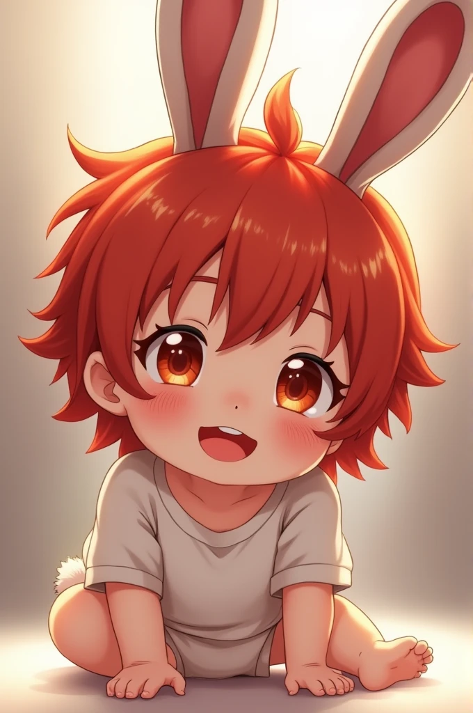 I want an Imagine of a baby with adorable features like small bunny ears in anime style can include big expressive and bright eyes and cute red hair in 2D male