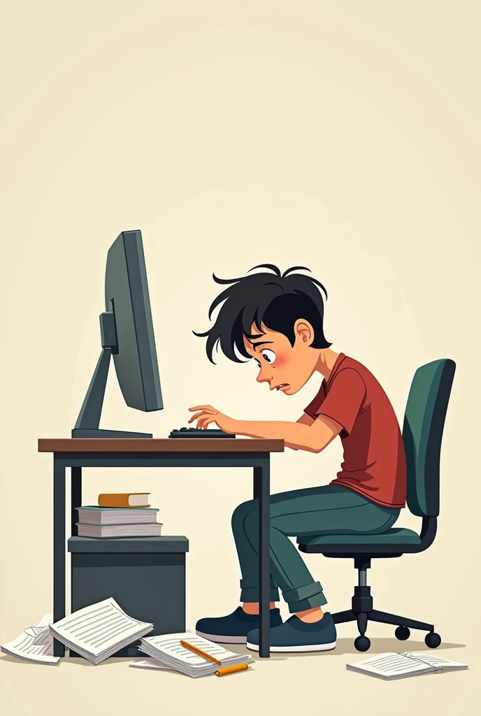 A young worker sitting in front of the computer, overloaded with tasks, with scattered papers and a tired expression.
Like a cartoon without many details 