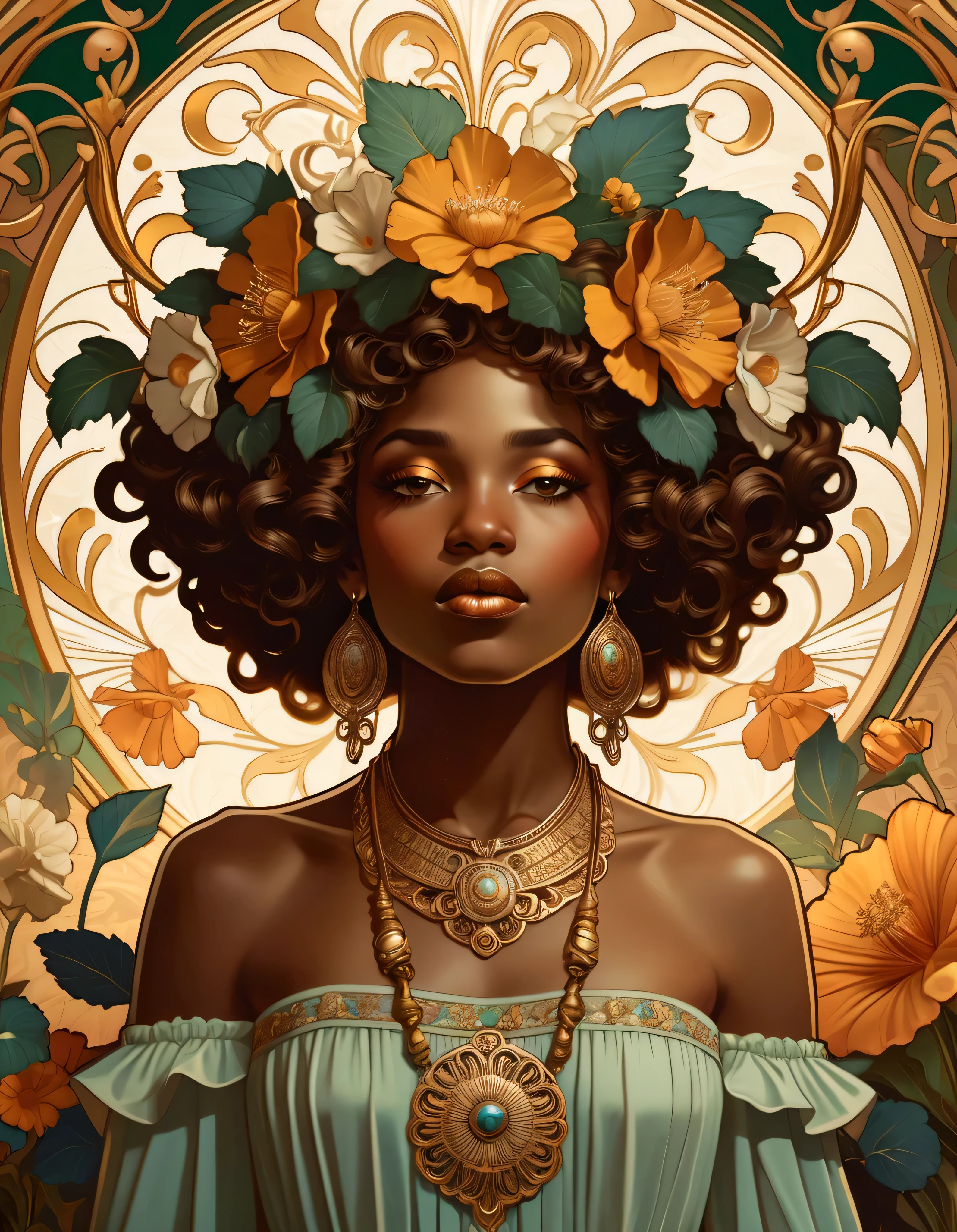 old (Masterpiece, Best Quality, Highres:1.2) Art Nouveau Style Beautiful African Woman with large Hair Shaped as Flowers and large necklaces in the Style of Alphonse Mucha, portrait of a beautiful cute, very beautiful, standing artistically, realistic natural, professional light distribution, very artistic lighting gradation, artistic detail, highly detailed, centered, Nymph-pattern vintage wallpaper with dramatic backlighting casting deep shadows, featuring a meticulously crafted illustration inspired by Dan Mumford and Alphonse Mucha, hyper-realistic and photorealistic textures, extremely detailed with intricate floral and foliage elements, octane rendered in 8K (extremely detailed 8k wallpaper), Golden ratio, hidden ancient African symbols (, Spiral), balanced design, color harmony, Vernis Martin, golden, ancient mythology, artistically twisted edges, reminiscent of old-world craftsmanship with a contemporary edge, volumetric lighting, ultra fine details.