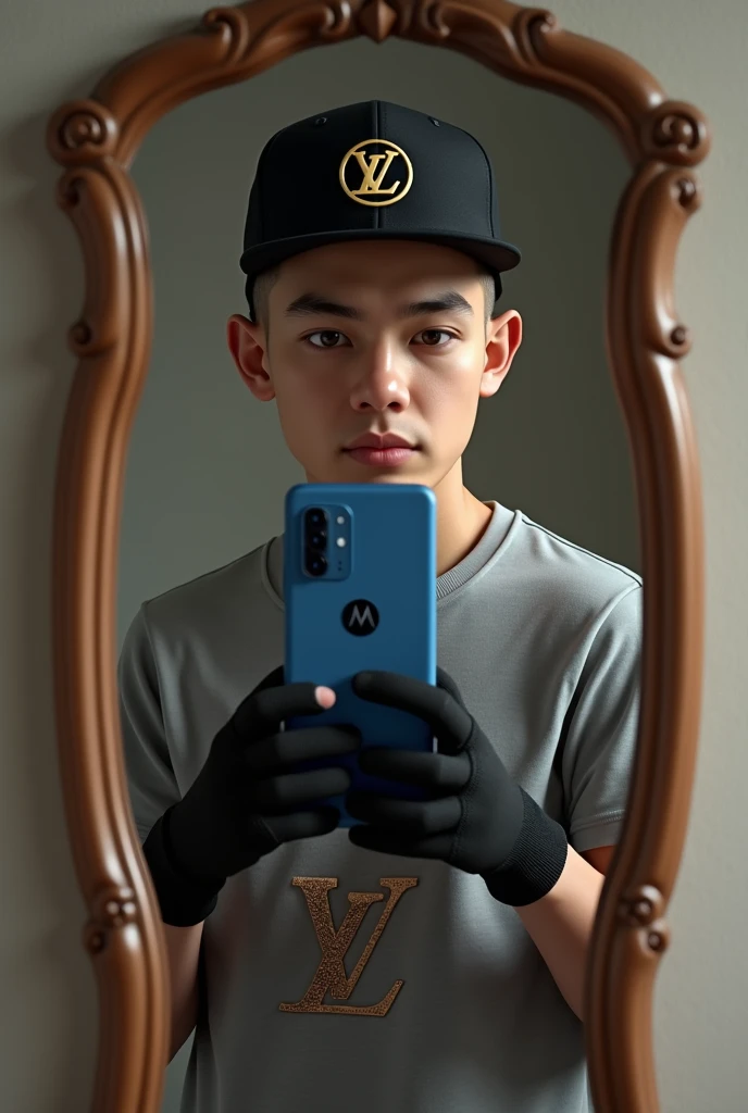Selfie Angle,Realism,Half Body,A boy holding a mask in one hand。The mask is a smiling face