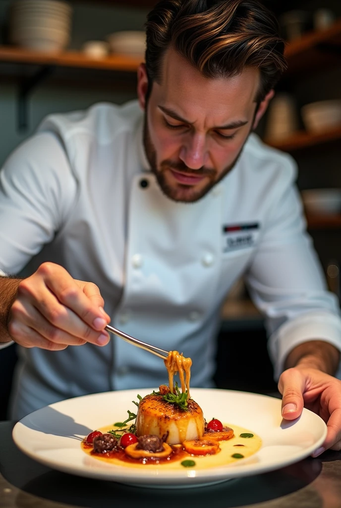A extremely handsome man with well defined features Plating up michelin star quality food with tweezers. Wearing chef clothes with and inscription on the chest of the chef jacket saying "Executive Chef Lixx" 