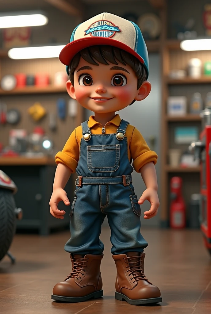 Give me a picture of a mechanic doll posing for a photo in uniform at the Aurora Moto Parts motorcycle parts store.