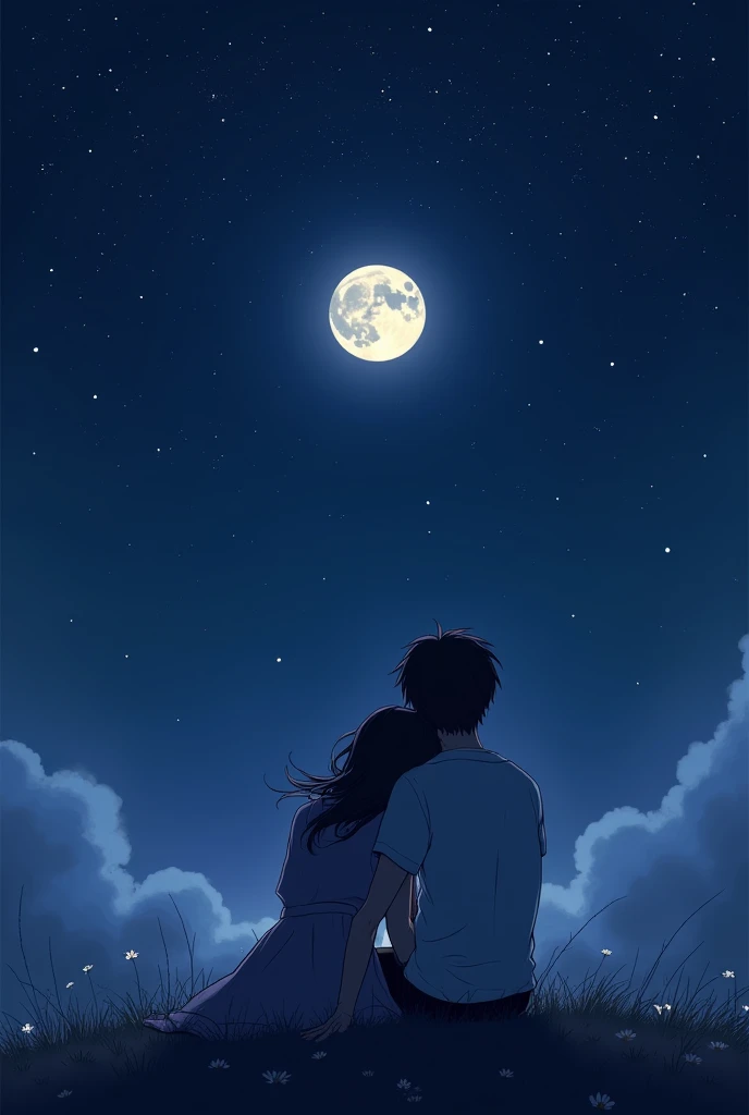 In the starry and full moon sky, there are two lovers with their backs turned, the girl leaning her head on the boy's shoulder, sitting together and watching the sky.