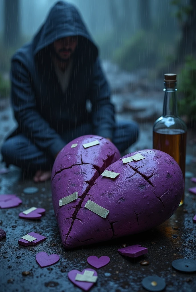 Description of a Fragmented Heart on the Ground, wet as if rain had fallen on it and some band-aids holding each fragment together, a bottle of whiskey at his side, almost empty. Let the heart turn purple representing nostalgia.