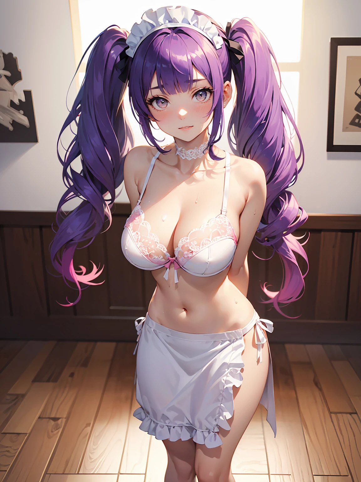 (1 woman:1.5,solo:1.5),
30 years old,
(very young woman:1.2),
(fit body:1.3),
(slender waist),
(slender leg),
perfect fingers,
good hands,
blurry background,
depth of field,
beautifully shaped nose,
ideal ratio body proportions,
model,
break,
(pastel tones:1.3, watercolor:1.4),
(simple background:1.4),
(modern dinning room:1.3),
(white background:1.4),
break,
(vector outline:1.3),
break,
(choker)
(see-through:1.3),
break,
(white, pink color palette:1.4),
nude, maid headdress, (white lace bra:1.3),
white bandeau, strapless bra,
(frilled shoulders:1.3), sleeveless,
(midriff:1.2), navel,
white waist apron, frilled apron, bottomless,
(thong strap),
ruffles collar, black neck ribbon,
white cuffs
break,
(yawning:1.1),
break,
(chestnut mouth:0.9),
break,
(beautiful honey eyes:1.4),
beautiful eyes,
eyelashes:0.7,
break,
extremely detailed hair,
(purple hair with light purple tips hair:1.3),
(long hair:1.3),
(low twintails:1.5),
shiny hair,
(blunt bangs),
break,
(MEDIUM HUGE BREAST:1.1),
(GIGANTIC HUGE HIP:0.6),
saggy breasts:1.2,
pendulous breasts,
realistic breast physics,
(hanging breasts),
break,
(pale skin:1.1),
(gleaming skin:1.3),
(sweat:1.1),
weat:1.3,
oily skin,
affection,
blush:0.8,
smile,
break,
standing,(arms behind back:1.4),cowboy shot,
break,
(head_tilt),looking at another,(fullbody:1.2),
break,
(masterpiece),
(best quality),
(very high resolution),
(professional anime),
beautiful lighting,
super fine illustration,
insanely detailed,
beautiful detailed,
beautiful detailed face & eyes,
beautiful detailed body,
beautiful detailed skin,
8K,
beautiful girl,
pretty girl,
(depth of field:1.3),