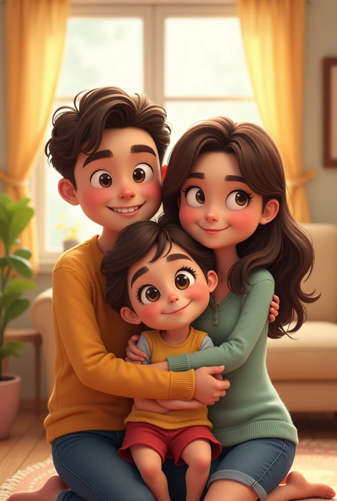 Cartoon of a girl with her mom and dad hugging each other
