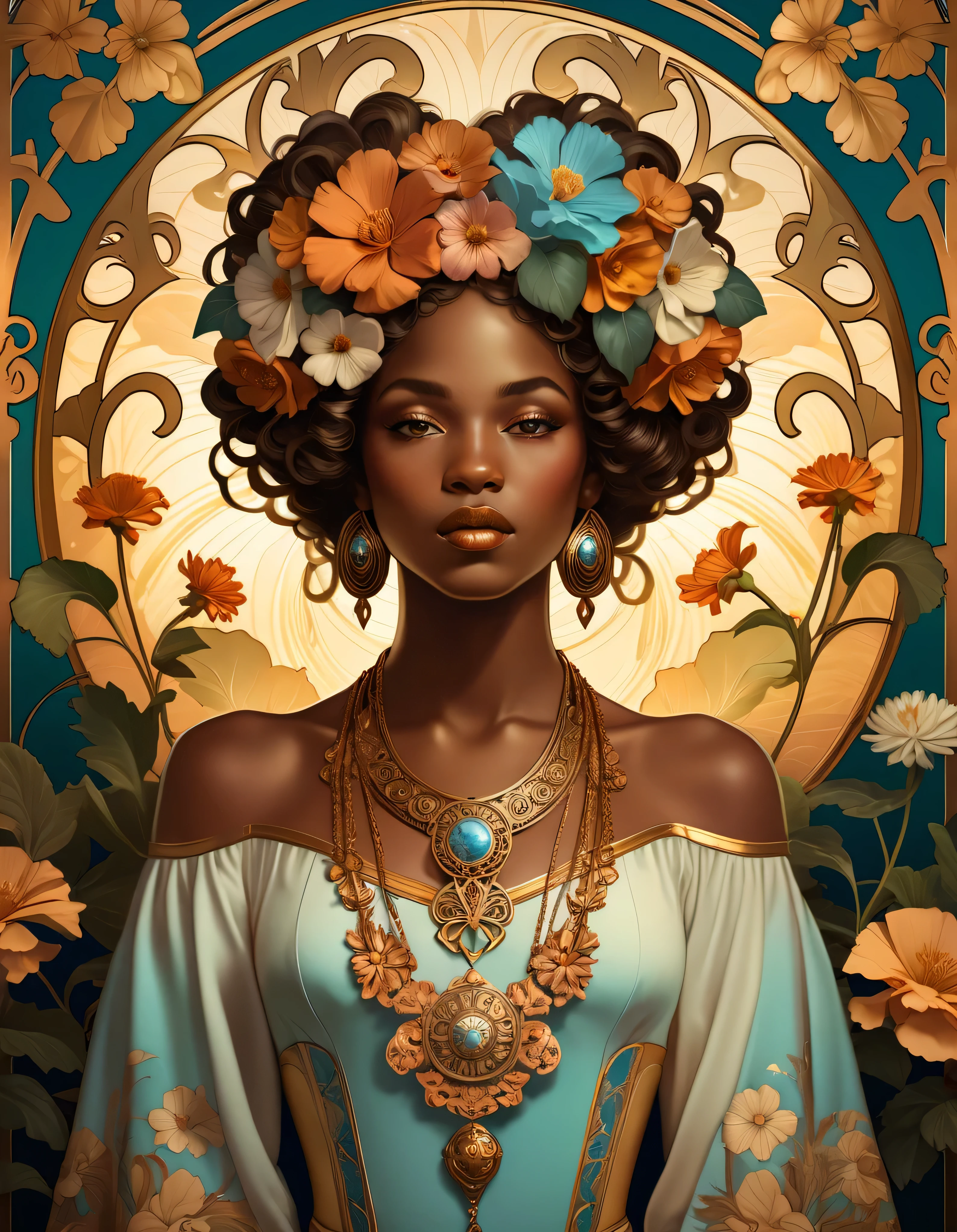 old (Masterpiece, Best Quality, Highres:1.2) Art Nouveau Style Beautiful African Woman with large Hair Shaped as Flowers and large necklaces in the Style of Alphonse Mucha, portrait of a beautiful cute, very beautiful, standing artistically, realistic natural, professional light distribution, very artistic lighting gradation, artistic detail, highly detailed, centered, Nymph-pattern vintage wallpaper with dramatic backlighting casting deep shadows, featuring a meticulously crafted illustration inspired by Dan Mumford and Alphonse Mucha, hyper-realistic and photorealistic textures, extremely detailed with intricate floral and foliage elements, octane rendered in 8K (extremely detailed 8k wallpaper), Golden ratio, hidden ancient African symbols (, Spiral), balanced design, color harmony, Vernis Martin, golden, ancient mythology, artistically twisted edges, reminiscent of old-world craftsmanship with a contemporary edge, volumetric lighting, ultra fine details.