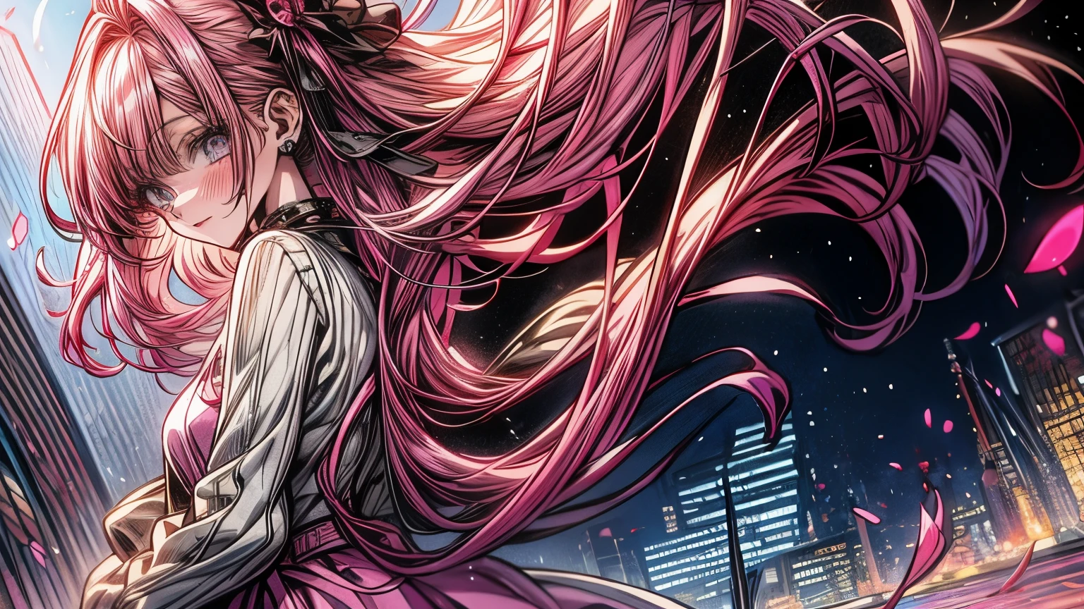 an anime girl, beautiful, pink hair, blue eyes, ojos beautifuls y definidos, modern pink dress, in the background of the city, beautiful, very detailed graphics, modern style art