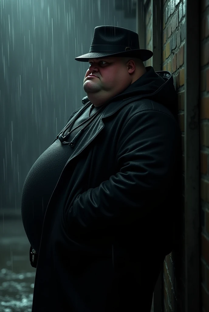 Petter Griffin looking down leaning against the wall with his hands in his pockets in a dramatic rainy dark setting as the rain is soaking his cool black dramatic coat and cool black hat