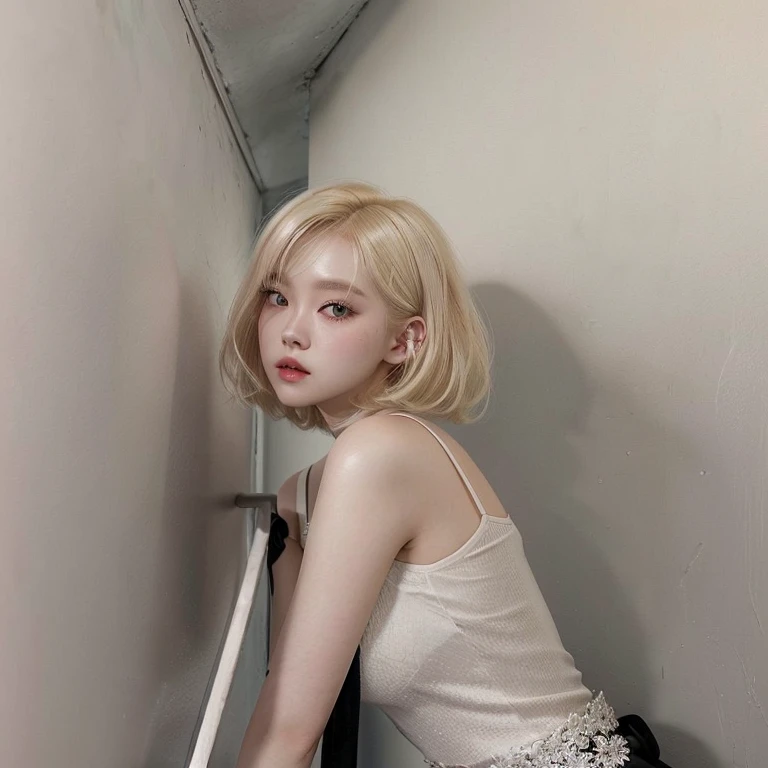 blond woman with white top and black skirt leaning against wall, white hime cut hairstyle, ulzzang, with short hair, the hime cut, sun yunjoo, extremely pale blond hair, a girl with blonde hair, very very pale blond hair, her hair is white, girl with short white hair, pale hair, kim doyoung, roseanne park of blackpink