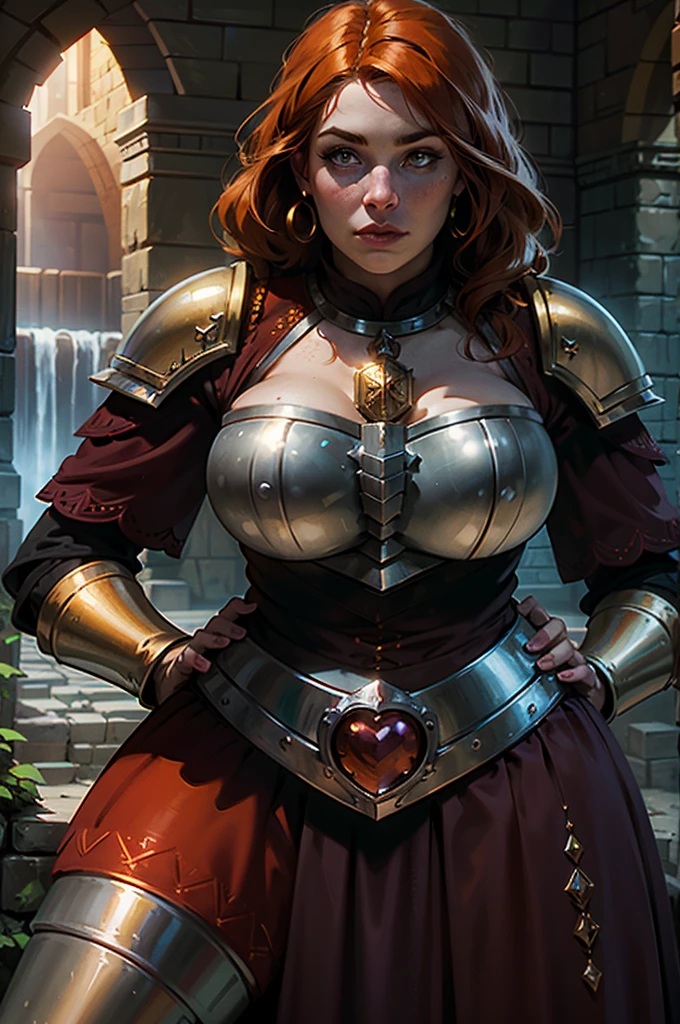 Close up of Dwarven woman, orange hair, maroon armor with gold trim, heavy armor, maroon armor, maroon breast plate. chubby cheeks, green eyes, freckles on cheeks, (freckles on top of breasts), freckles on legs, underground, large cavern, carved stone walls, underground waterfall, underground, interior. Show her exploring in a dungeon, determined look.super high quality, super high detail, masterpiece, 4k, 8k, HDR, masters of the universe, vibrant colors, dark shadows, dim lighting, 3DMM
