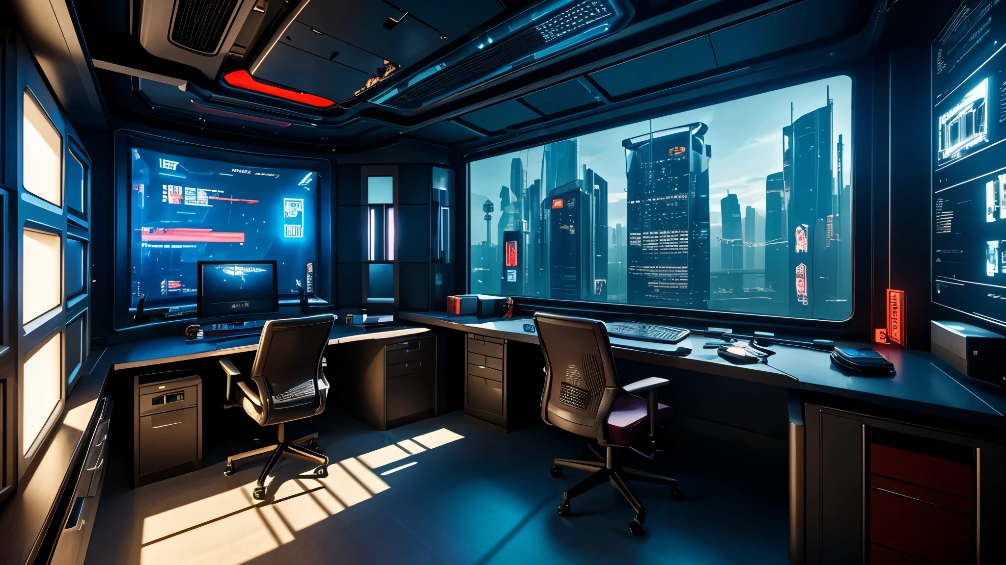 scifi, cyberpunk, futuristic, home office, hightech, daylight, cozy, much space, wide angle, a lot of tech, ambient light, year 2088, cinematic