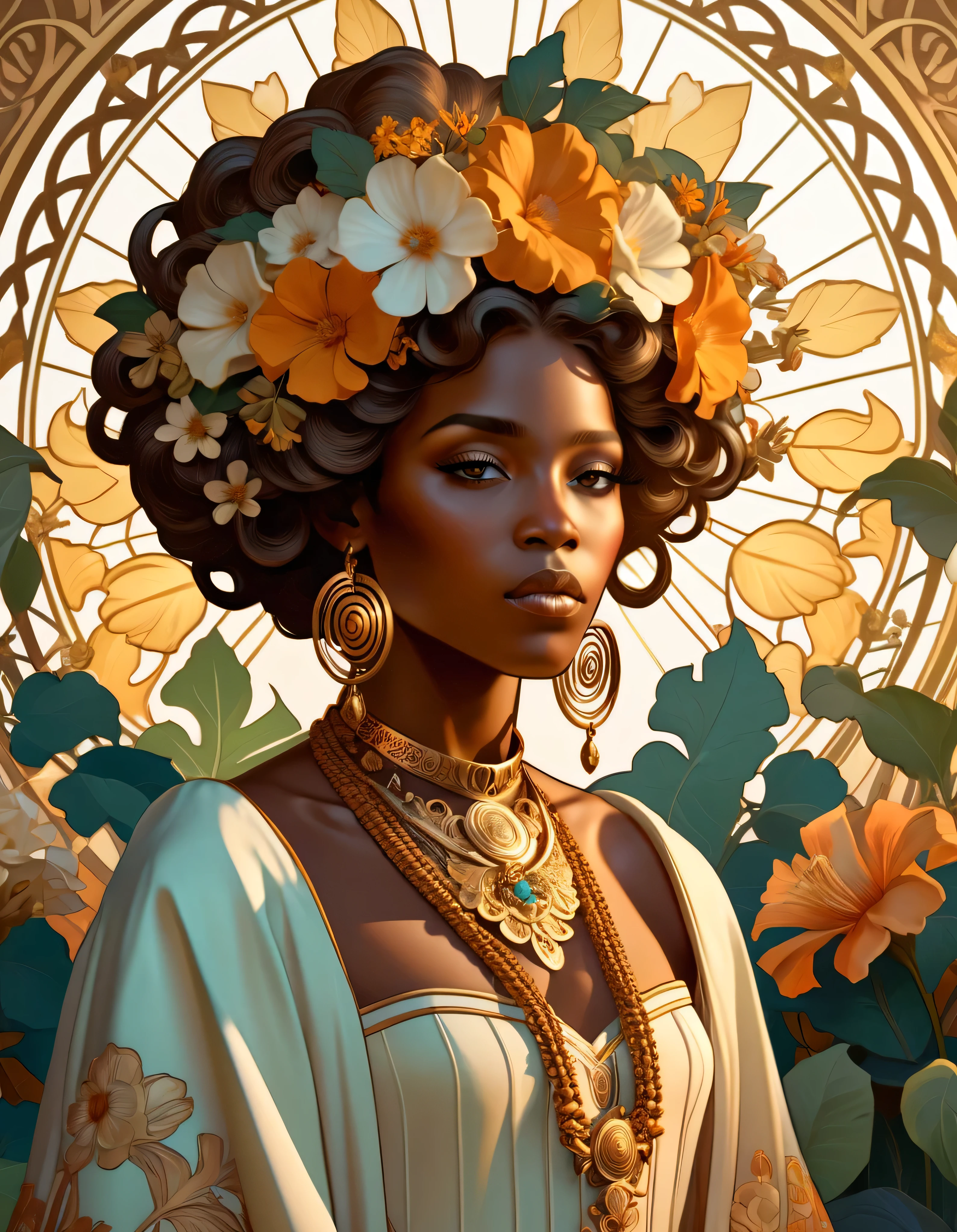 old (Masterpiece, Best Quality, Highres:1.2) Art Nouveau Style Beautiful African Woman with large Hair Shaped as Flowers and large necklaces in the Style of Alphonse Mucha, portrait of a beautiful cute, very beautiful, standing artistically, realistic natural, professional light distribution, very artistic lighting gradation, artistic detail, highly detailed, centered, Nymph-pattern vintage wallpaper with dramatic backlighting casting deep shadows, featuring a meticulously crafted illustration inspired by Dan Mumford and Alphonse Mucha, hyper-realistic and photorealistic textures, extremely detailed with intricate floral and foliage elements, octane rendered in 8K (extremely detailed 8k wallpaper), Golden ratio, hidden ancient African symbols (, Spiral), balanced design, color harmony, Vernis Martin, golden, ancient mythology, artistically twisted edges, reminiscent of old-world craftsmanship with a contemporary edge, volumetric lighting, ultra fine details.