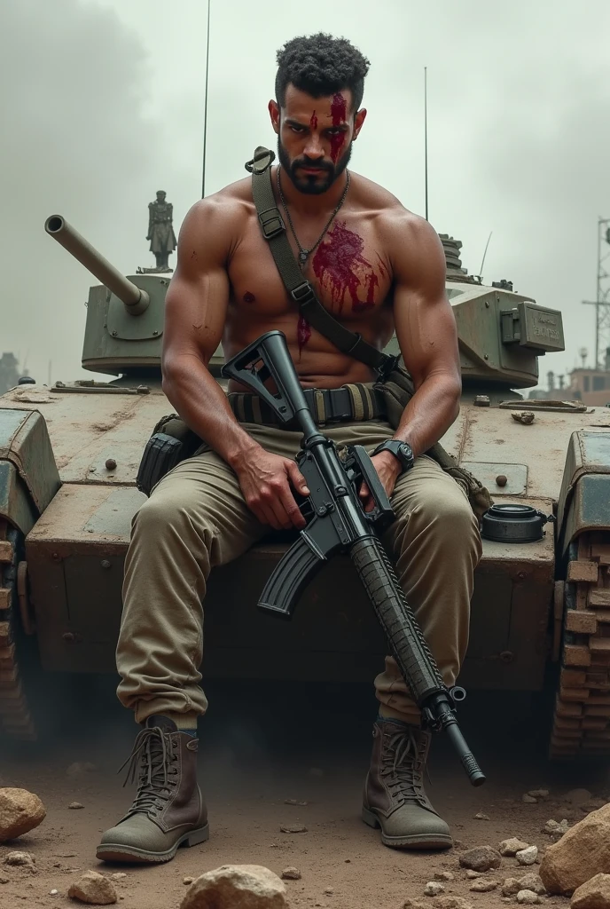 Lightly dressed pretty blood-smeared soldier with assault rifle, sits on a tank