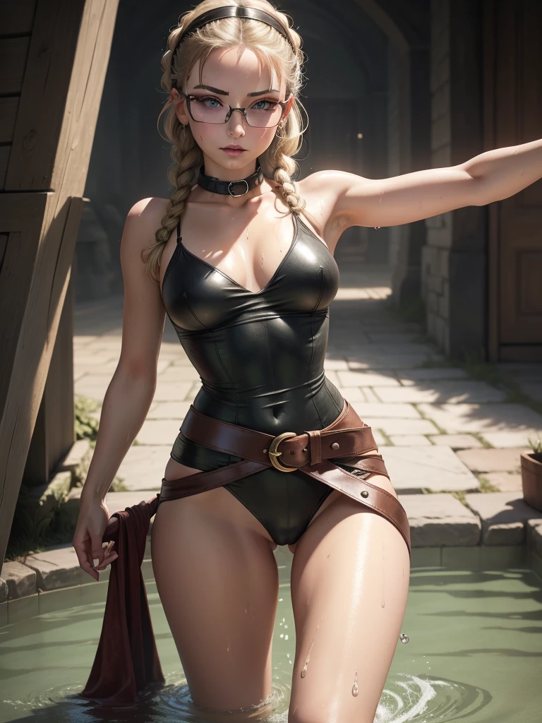 (Masterpiece artwork), very high quality, expressive eyes, face perfect, (leather collar on the waist) seductive gauze, greeneyes, format, rosy cheeks, sexy glasses, looking to the down, ((wet tight t-shirt)), perfect small breast , Waist slender, perfect ass, small white lingerie, evil smirk, ultra-realistic, fov, hair in braids, hands tied afterwards, , 8k, photo realist, Cytometric eyes, absurdness quality,photo by full body