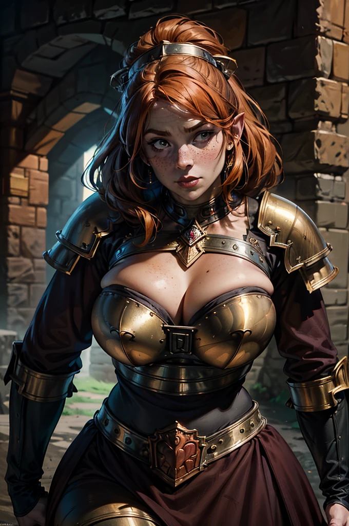 Close up of Dwarven woman, orange hair, maroon armor with gold trim, heavy armor, maroon armor, maroon plate. chubby cheeks, green eyes, freckles on cheeks, (freckles on top of breastckles on legs, underground, large cavern, carved stone walls, underground waterfall, underground, interior. Show her exploring in a dungeon, determined look.super high quality, super high detail, masterpiece, 4k, 8k, HDR, masters of the universe, vibrant colors, dark shadows, dim lighting, 3DMM