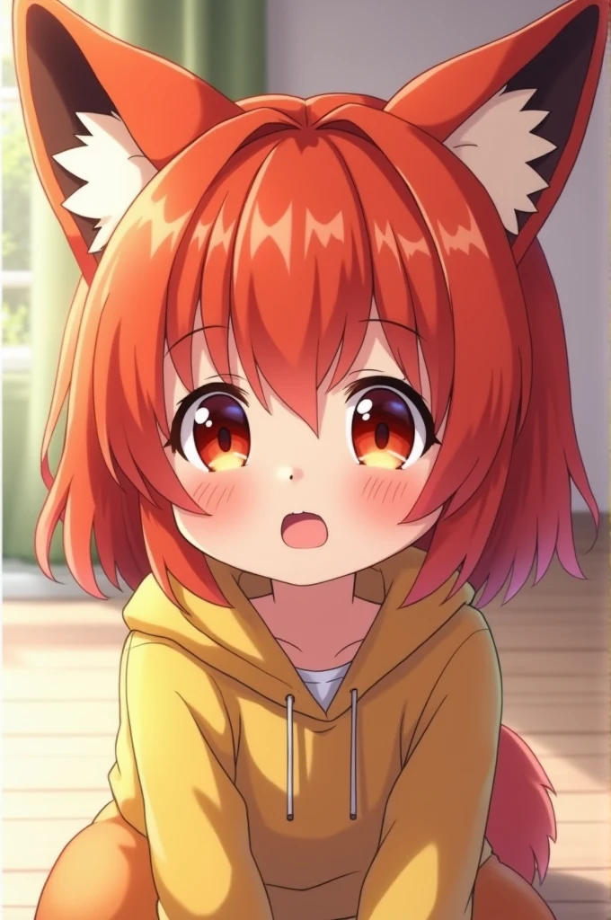 I want an Imagine of a baby with adorable features like small fox ears in anime style can include big expressive and bright eyes and cute red hair in 2D male