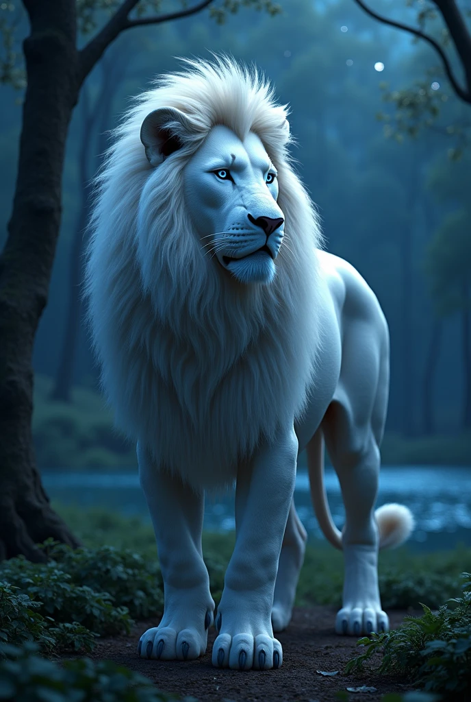 Generate a very realistic 8k 6d image of a very strong, beautiful, robust white lion with blue eyes at night in the forest looking at the sky near a lake