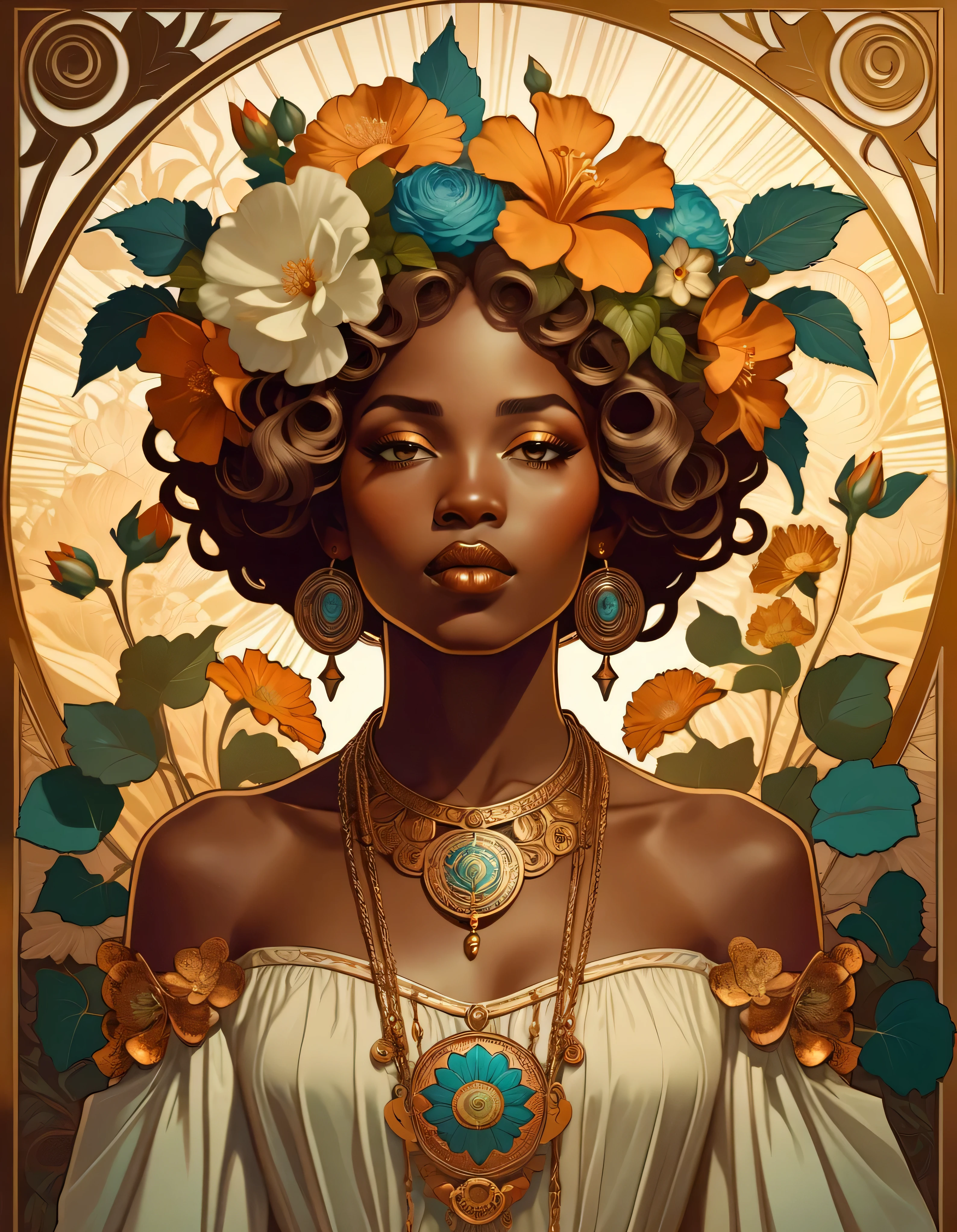 old (Masterpiece, Best Quality, Highres:1.2) Art Nouveau Style Beautiful African Woman with large Hair Shaped as Flowers and large necklaces in the Style of Alphonse Mucha, portrait of a beautiful cute, very beautiful, standing artistically, realistic natural, professional light distribution, very artistic lighting gradation, artistic detail, highly detailed, centered, Nymph-pattern vintage wallpaper with dramatic backlighting casting deep shadows, featuring a meticulously crafted illustration inspired by Dan Mumford and Alphonse Mucha, hyper-realistic and photorealistic textures, extremely detailed with intricate floral and foliage elements, octane rendered in 8K (extremely detailed 8k wallpaper), Golden ratio, hidden ancient African symbols (, Spiral), balanced design, color harmony, Vernis Martin, golden, ancient mythology, artistically twisted edges, reminiscent of old-world craftsmanship with a contemporary edge, volumetric lighting, ultra fine details.
