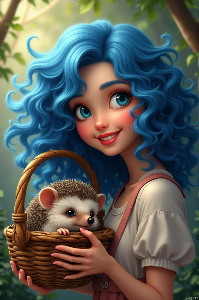 35age Blue curly haired girl with smiling lips
On one side, there is a magical wooden basket with a hedgehog inside