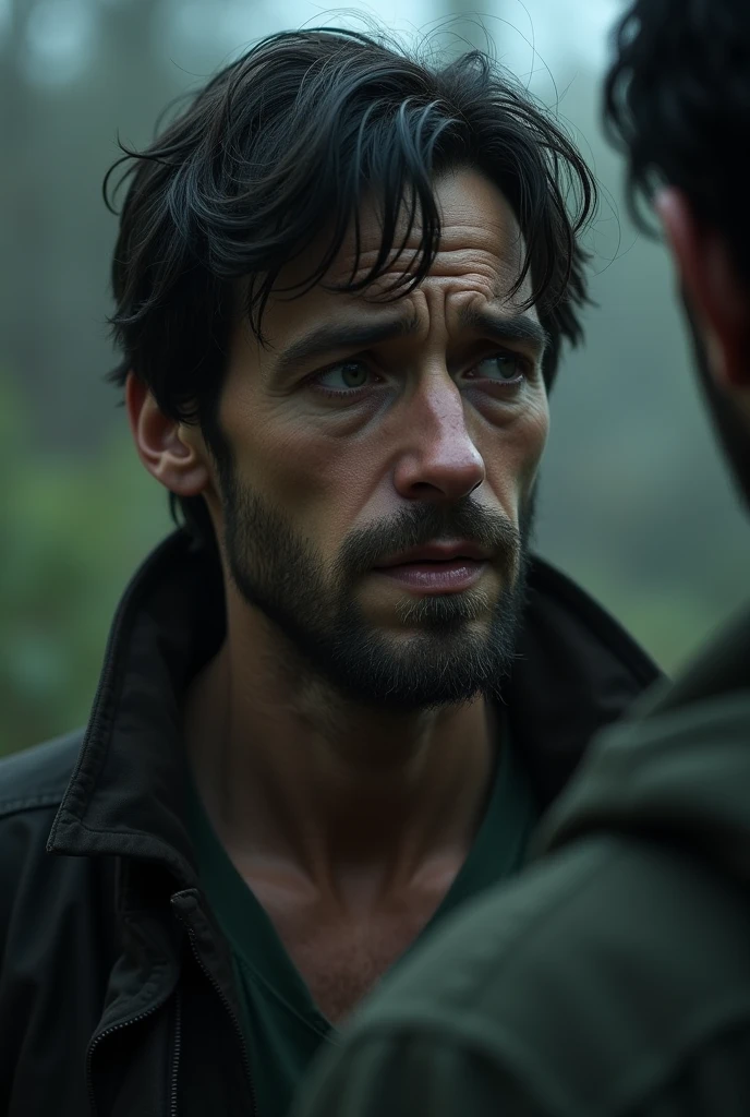 Juan is a tall, thin man., with dark hair . His green eyes are surrounded by dark circles, which reveals his tiredness and hopelessness. He has a beard of several days. A man approaches him and suffers