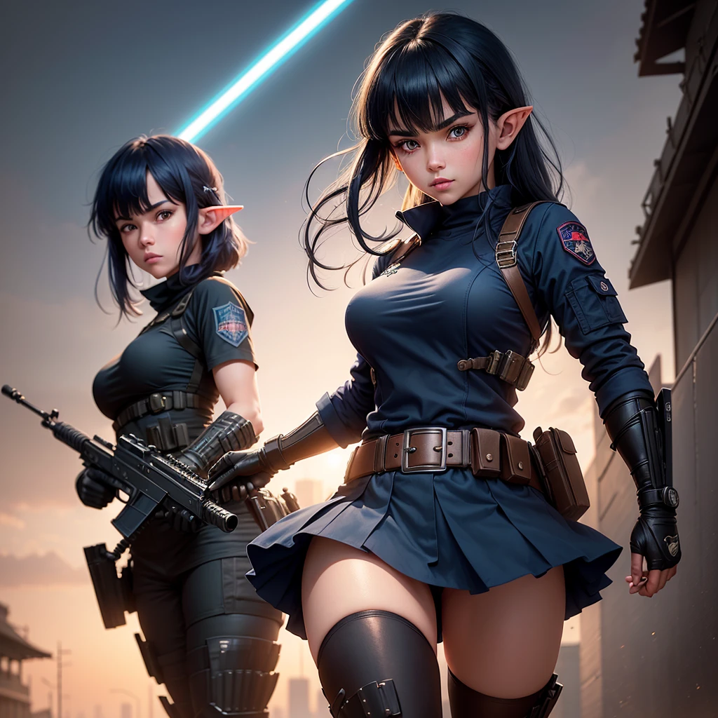 Create a high-quality image featuring an elf girl with dark navy blue hair and straight bangs. He is a member of a special forces police unit, wielding a lightsaber. The background should feature a modern Japanese city, with the letter J tattooed on the side arm.