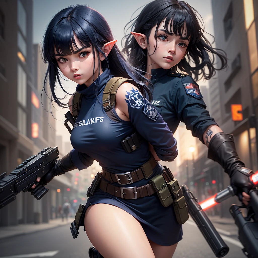 Create a high-quality image featuring an elf girl with dark navy blue hair and straight bangs. He is a member of a special forces police unit, wielding a lightsaber. The background should feature a modern Japanese city, with the letter J tattooed on the side arm.