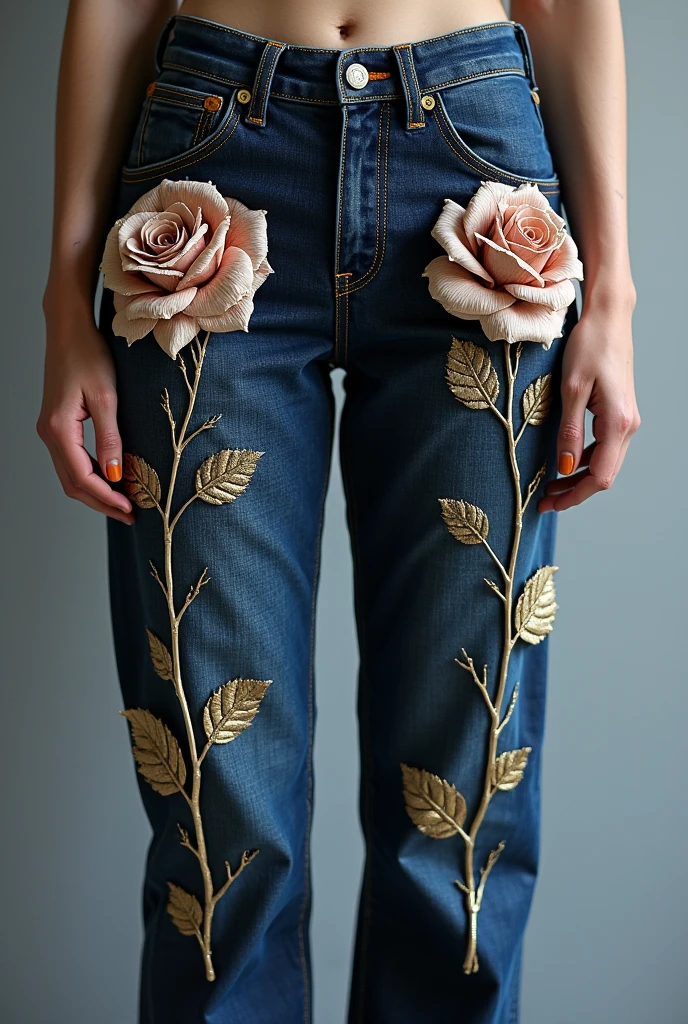 Front side jeans with large 3d skiny roses 3 roses on both sides of the front pockets