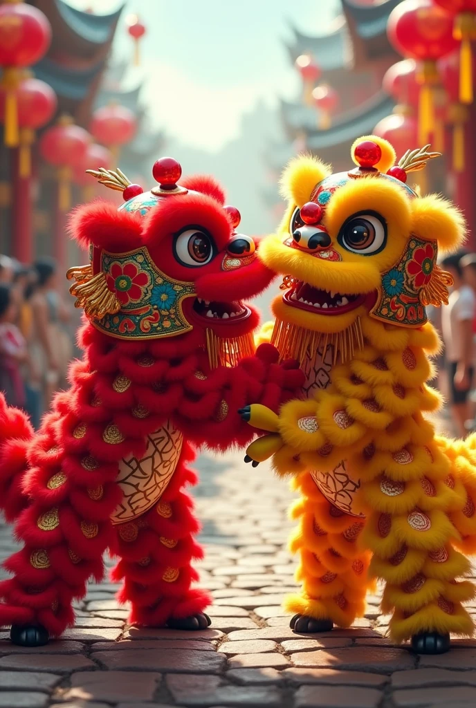 2 lion dances，A lion dance bites the genitals of another lion dance with its mouth