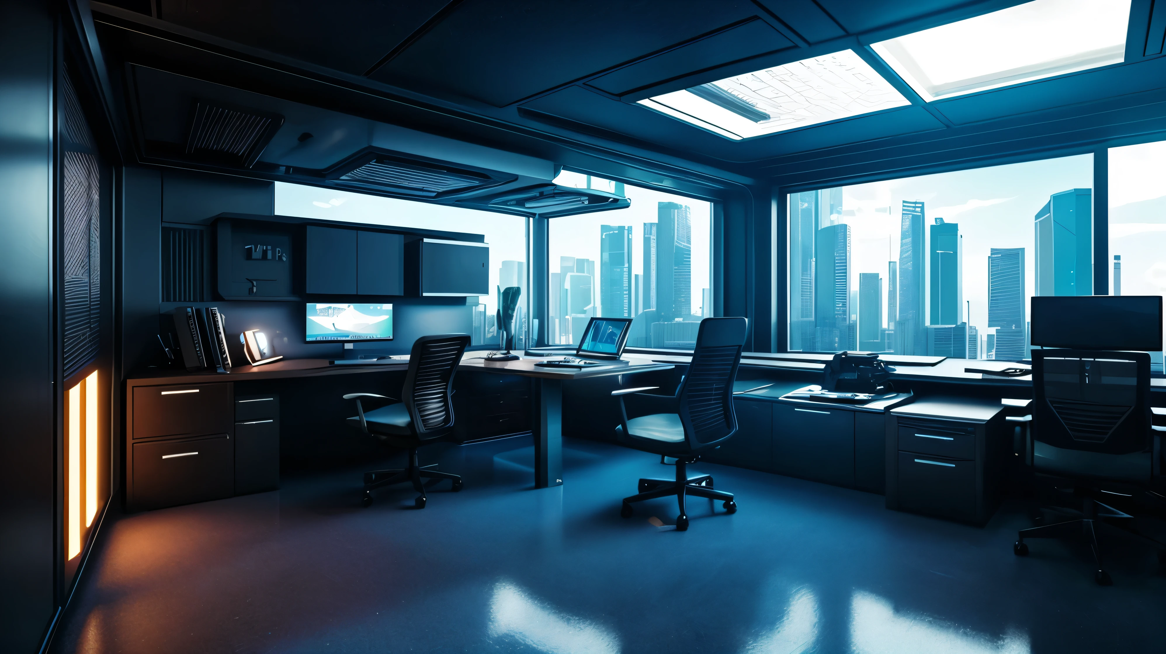 scifi, cyberpunk, futuristic, home office, hightech, daylight, cozy, much space, wide angle, a lot of tech, ambient light, year 2088, cinematic