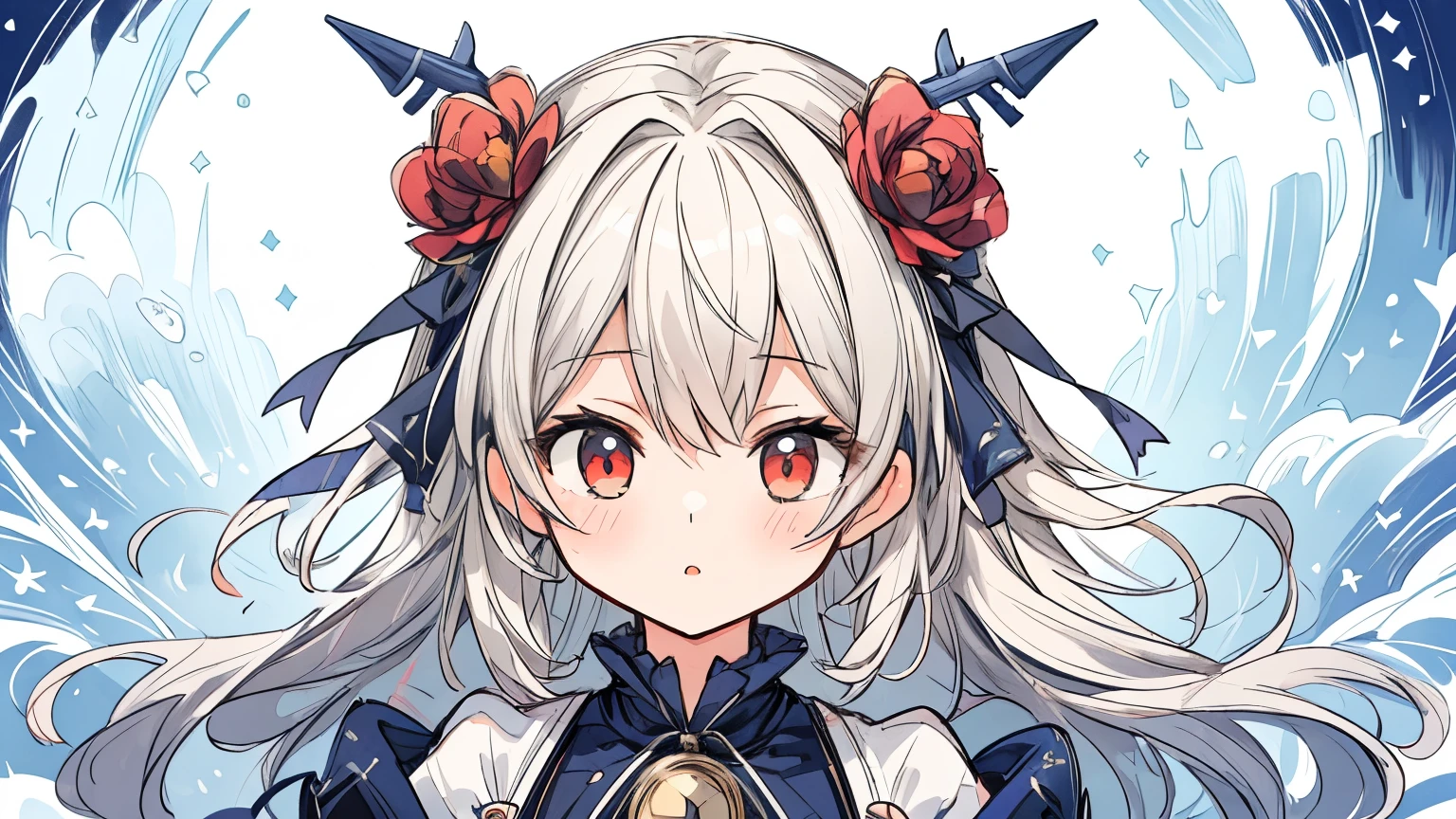 (masterpiece, best quality:1.2), illustration, absurdres, highres, extremely detailed, 1 girl, white short hair, red eyes, eye highlights, dress, short puffy sleeves, frills, outdoors, flower, fluttering petals, upper body, (moon:1.2), night, depth of field, (:d:0.8),(black pantyhose)