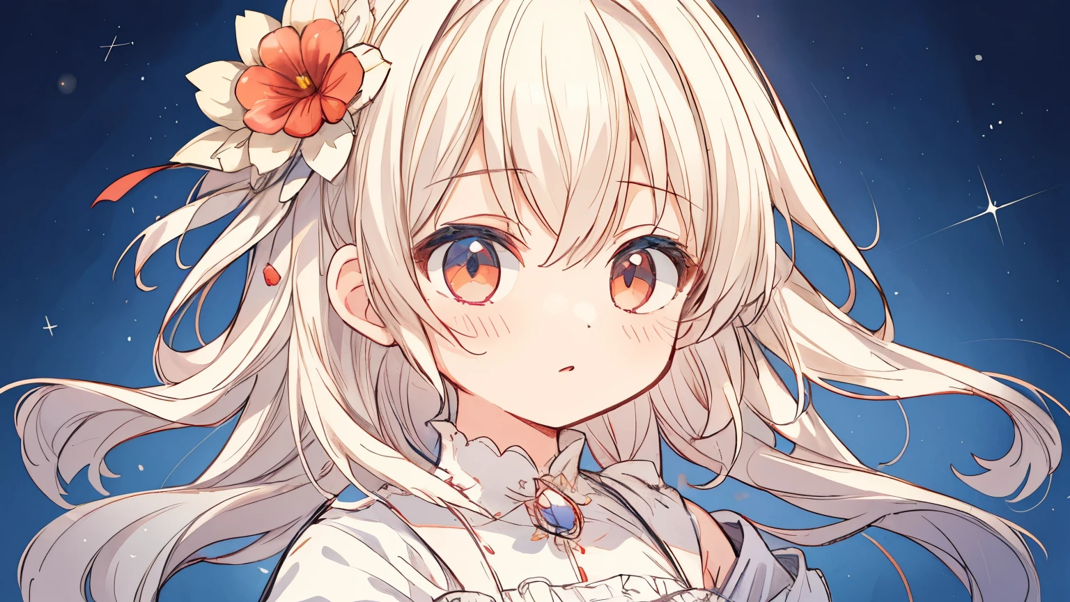 (masterpiece, best quality:1.2), illustration, absurdres, highres, extremely detailed, 1 girl, white short hair, red eyes, eye highlights, dress, short puffy sleeves, frills, outdoors, flower, fluttering petals, upper body, (moon:1.2), night, depth of field, (:d:0.8),(black pantyhose)
