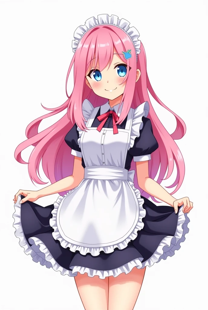 Maid cafe maid with long pink hair and blue eyes, age range between 18 and 26 years, with a happy expression, a completely 2D anime style design, with bright pastel colors on a white background