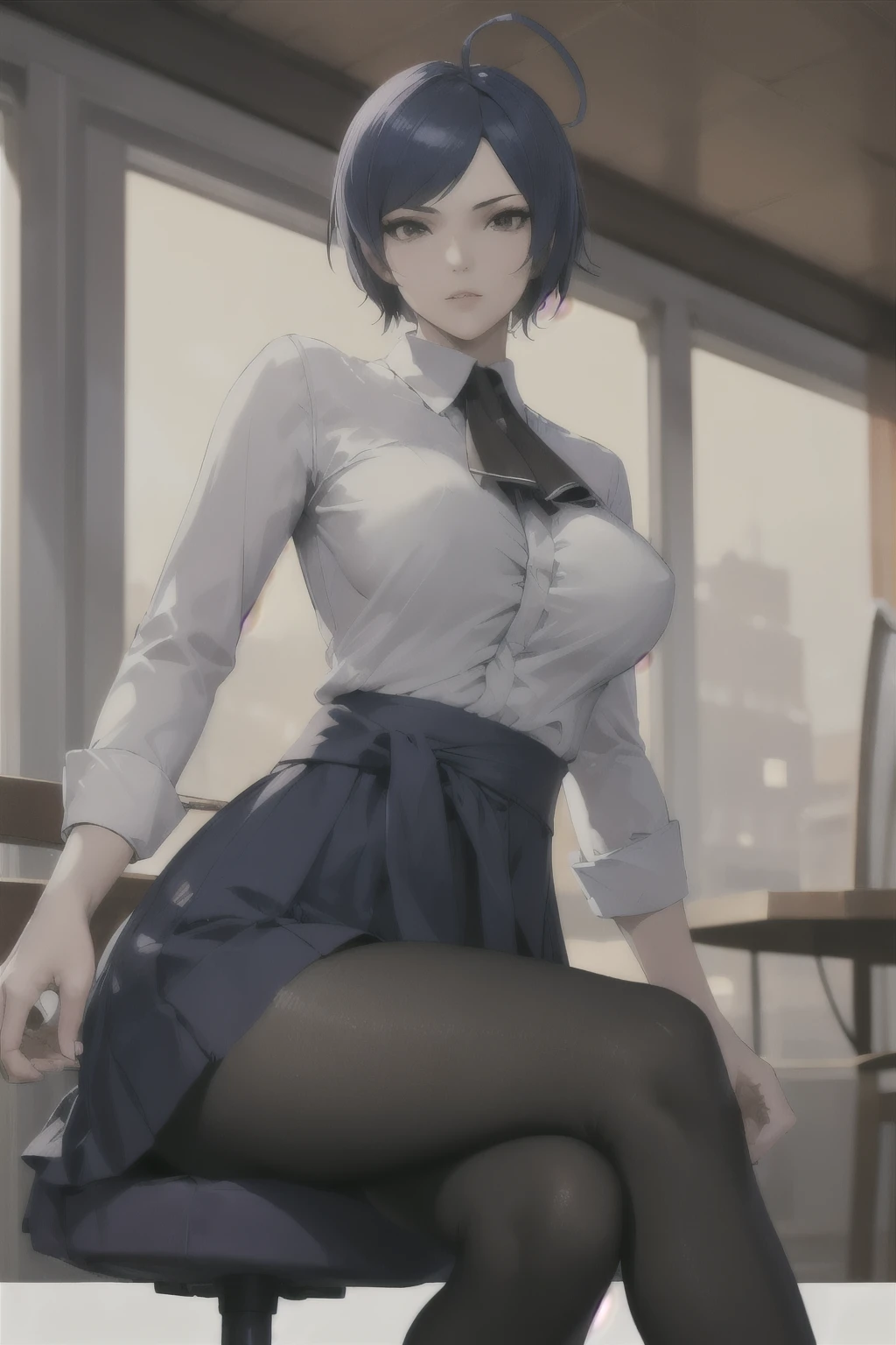 masterpiece,Best Quality, unreal engine, ultra resolution, extremely detailed,
1 girl, waist, (slender:1.3), (muscular:0.8)
round breasts, BIG BREASTS open lips, looking at the viewer,
v-shaped murmurs, sitting in a chair, crossing legs, pose sexy, cinematic angle simple background,
waist shot,
animated style, Clave visual,
KOFELISABETH, For the blue, AHOGE white shirt, Ruffled shirt,long sleeves,
long skirt, brown pantyhose,
Sunglasses