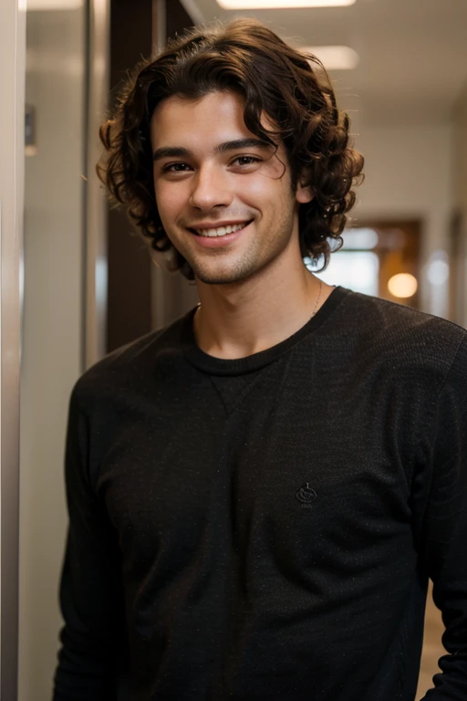 A tall, dark-haired young man with curly hair and smiling.