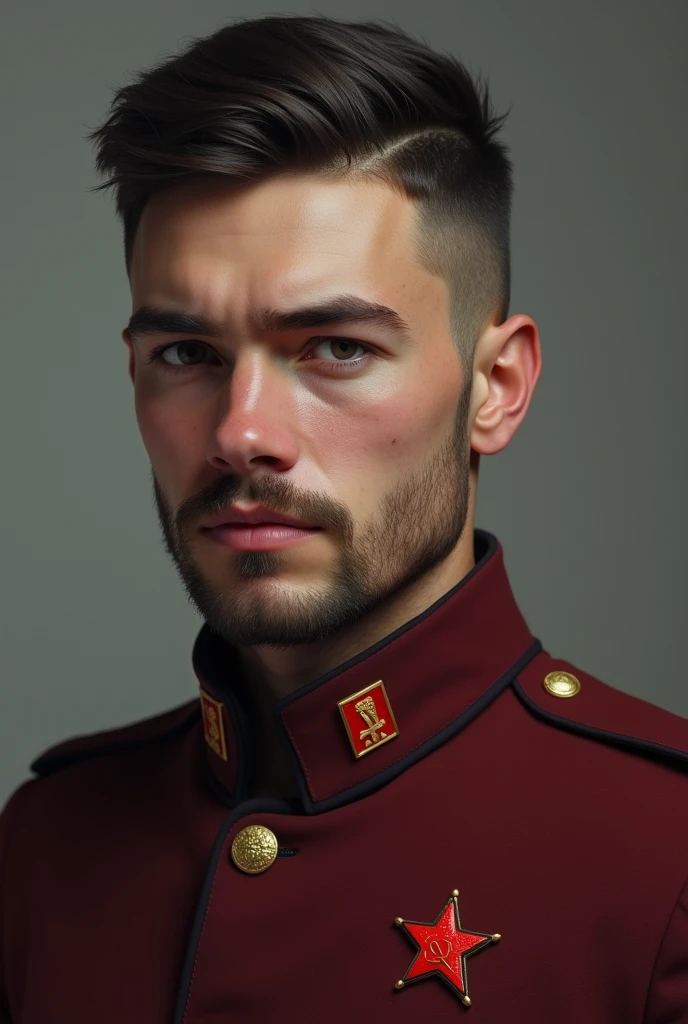 portrait, man, black shield and hair, short haircut, unshaven man, man has a small beard, man is 25 years old, communist, in a jacket, burgundy jacket, small badge, badge with a red star, Slavic appearance