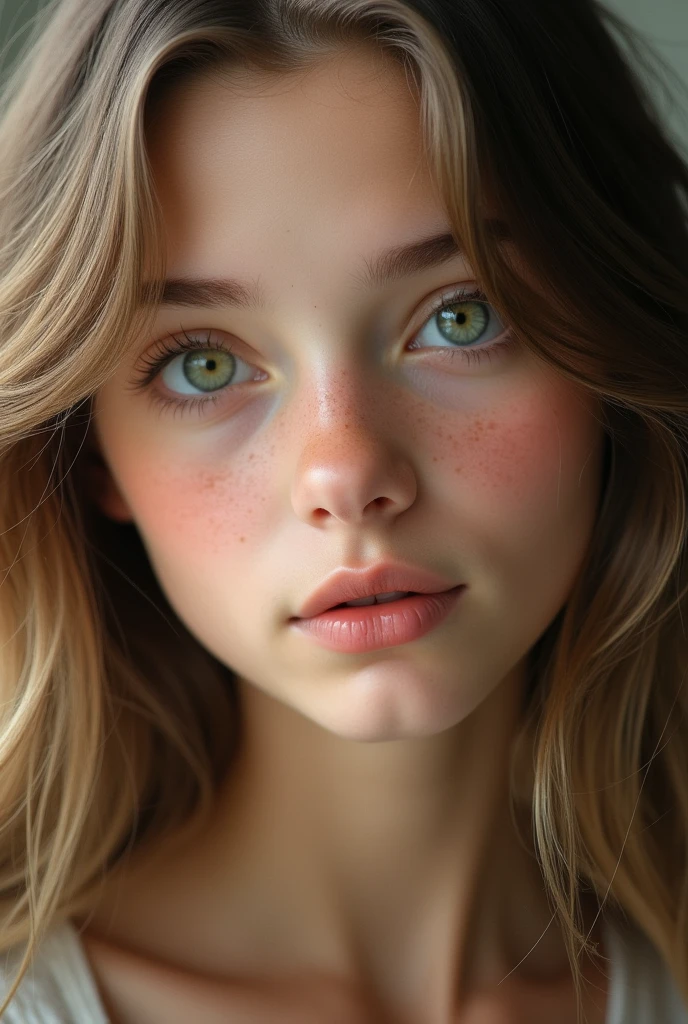 Girl, bambi eyes girl, green eyes, inocent face, cute face, long hair, beautiful, realistic girl, photorealistic