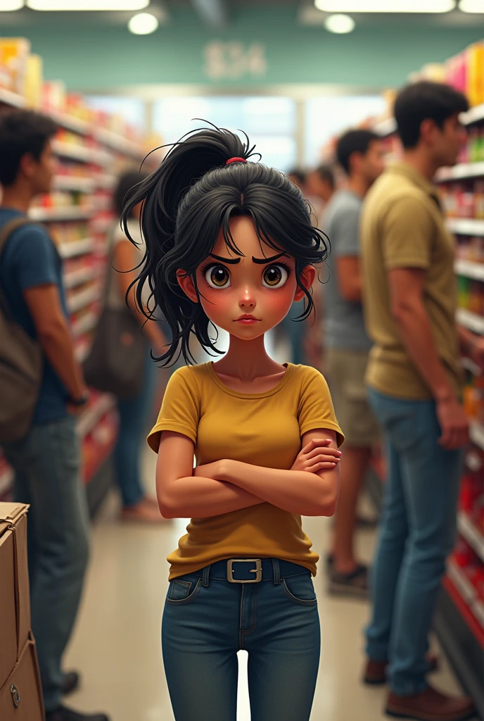 Impatient Latina girl in line at the supermarket