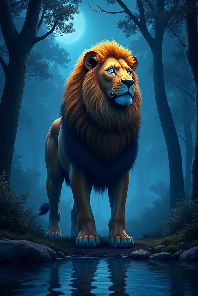 Generate a very realistic 8k 6d image of a very strong, beautiful, robust, blue-eyed lion at night in the forest looking at the sky near a lake